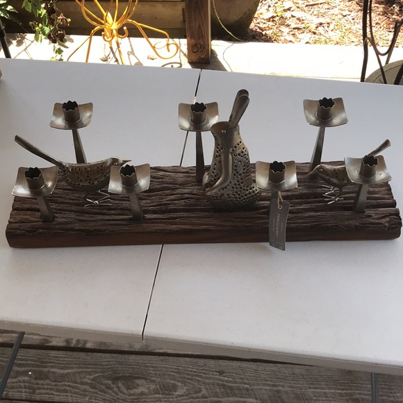 Pottery Barn Rustic Wood with Pierced Metal Bunny and Birds Taper Candle Holder - Picture 2 of 11